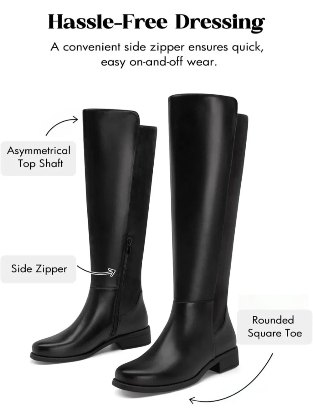Women Black Pu Suede Chunky Block Low Heel Round Toe Side Zipper Knee High Boots